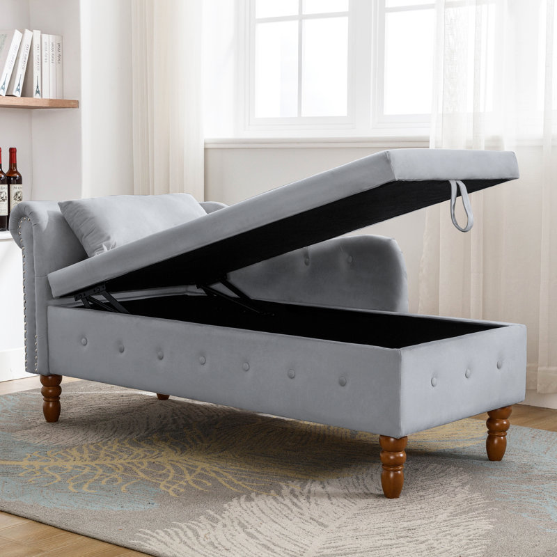 Grey Office Chaise Lounge - Soft Velvet, Base And Extra Large Storage Velvet For Living Room Button , Spacious, Gray