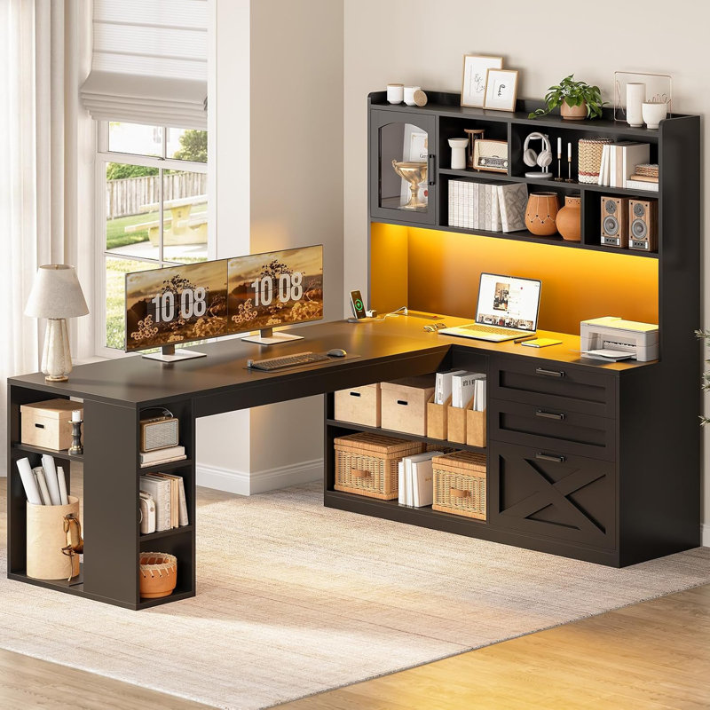 Farmhouse L Shaped Office Desk With Drawers, Black