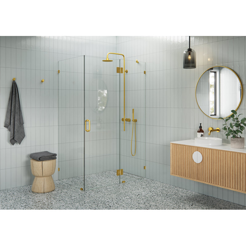 Halo 46 in. x 32 in. x 78 in. 90-degree Fully Frameless Glass Hinged Shower Enclosure, Satin Brass