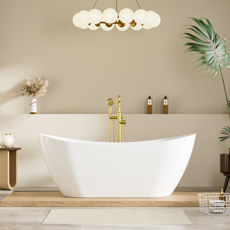 67'' L X 28.74'' W Freestanding Soaking Bathtub In Glossy White, 100% Pure Virgin Acrylic With Drain & Integrated Overflow