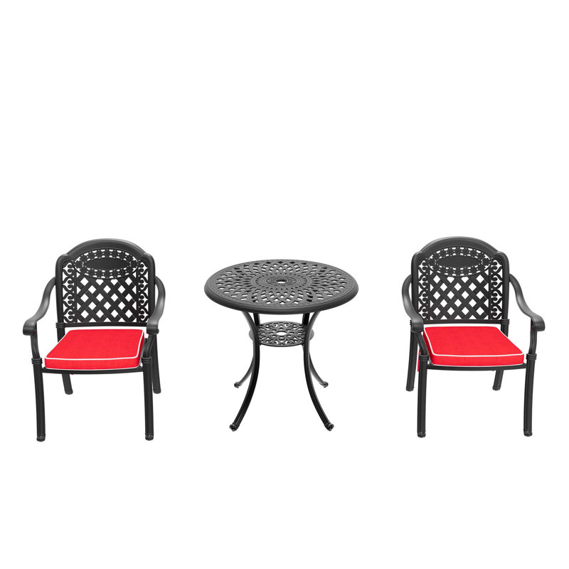 3-Piece Set Of Cast Aluminum Patio Furniture With Red Cushions, 2
