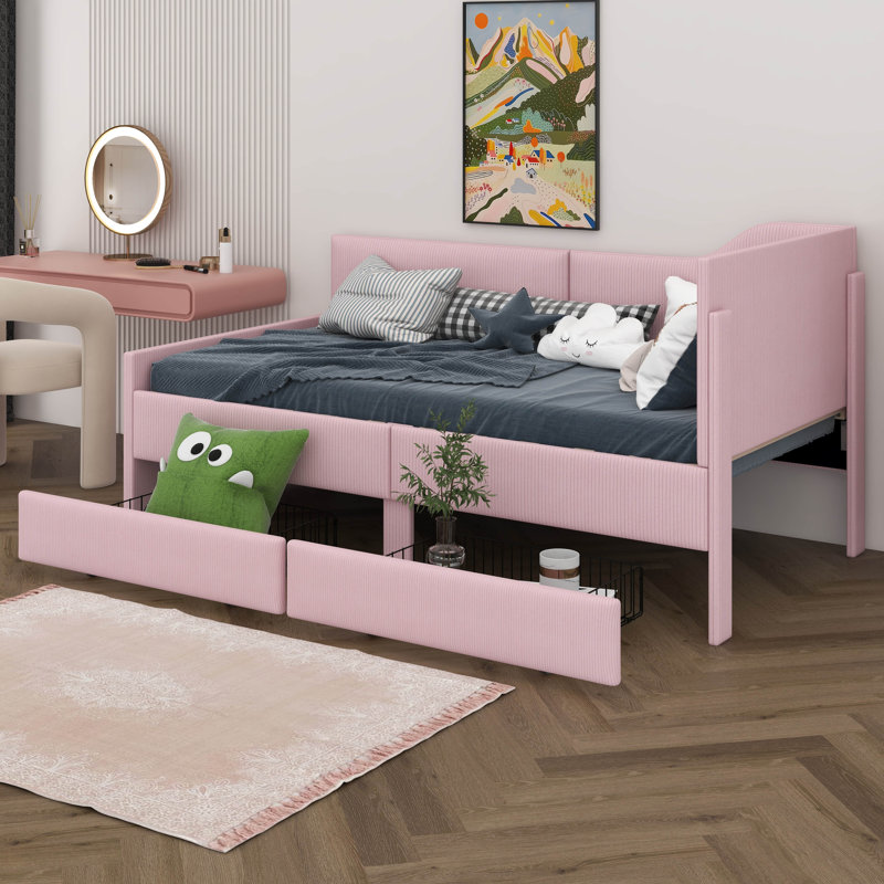 Twin Size L Shaped Daybed With 2 Storage Drawers, Corduroy Upholstered Daybed, Wooden Bed Frame, Corduroy Sofa Bed, Pink