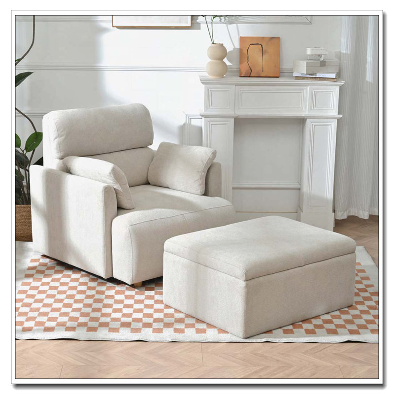 Fauteuil surdimensionné avec repose-pieds et repose-pieds rembourré avec rangement, Beige gris