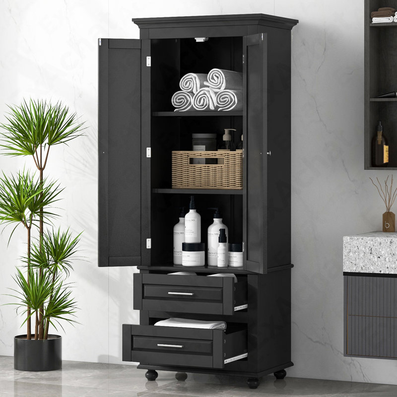 Grande armoire de rangement avec deux tiroirs pour salle de bain / bureau, noir