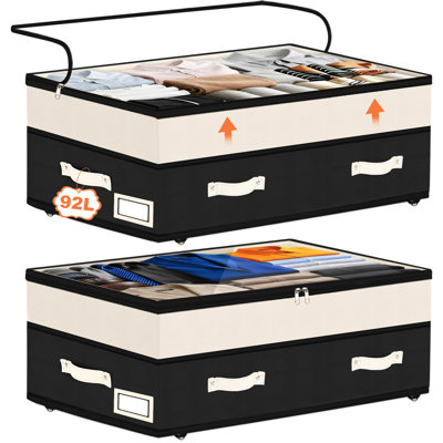 2 Pack Under Bed Storage With Wheels, 6In-10In Height Adjustable Underbed Storage Containers, 92L XXXL Under Bed Drawers Rolling Bin With Clear Lids,