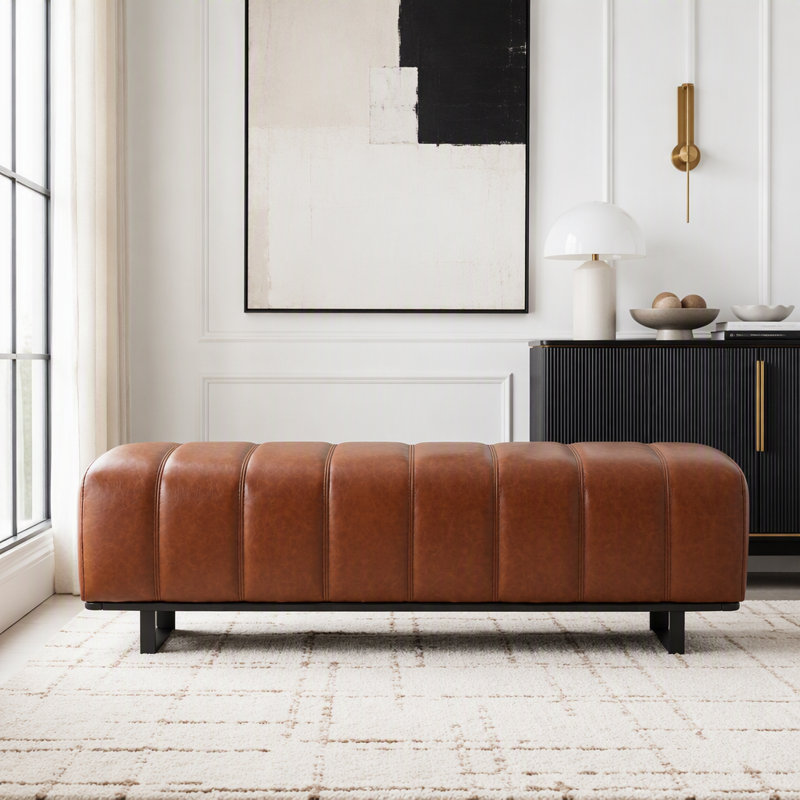 Banc de salle à manger d'intérieur avec pieds en bois d'hévéa, Brown-PU