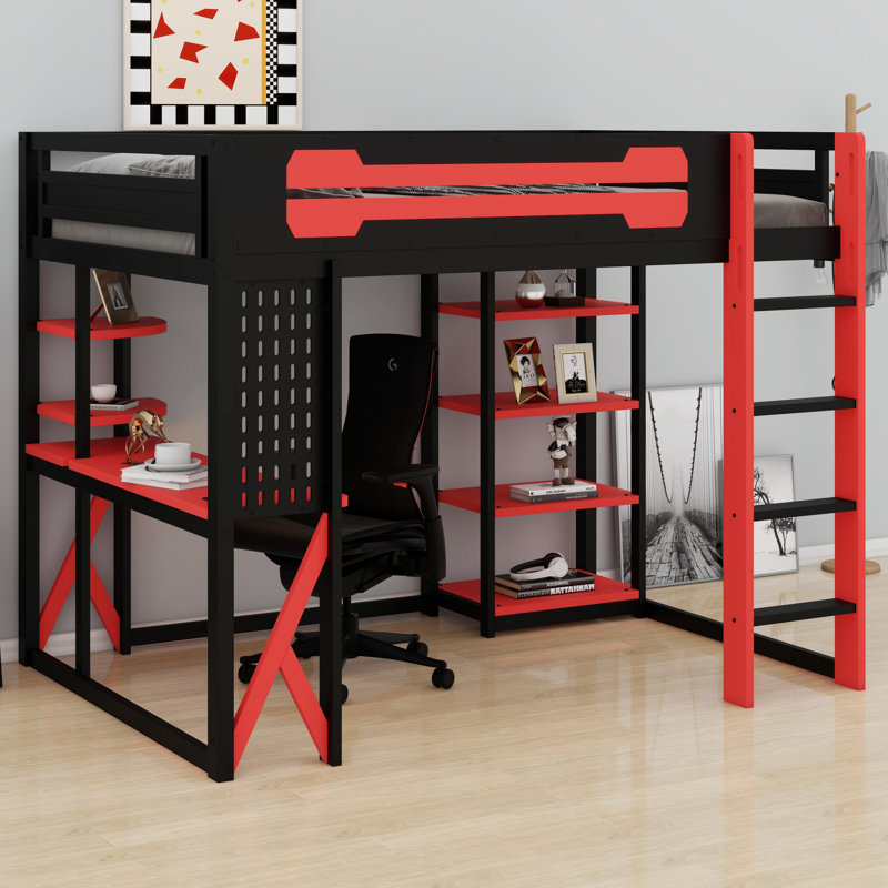 Lit mezzanine complet en bois avec bureau, tablettes, prise de courant et éclairage RVB, Noir et rouge