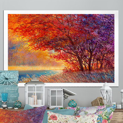 «Lake On Autumn Orange Maple Forest», reproduction sur toile flottante