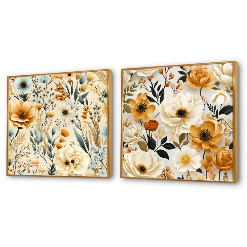 Ensemble de 2 carrés floraux beiges rustiques, Cadre flottant doré, H 30 po x l 61 po