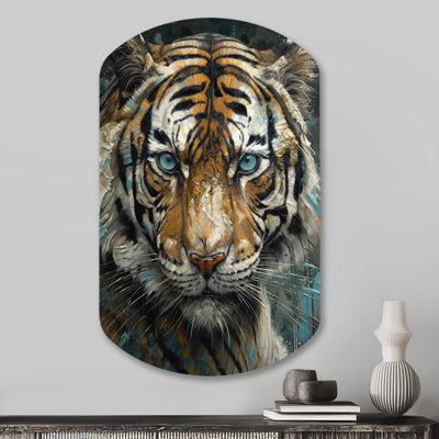 «Elston Yellow Tiger Portrait», reproduction d'art murale en métal tigre asymétrique