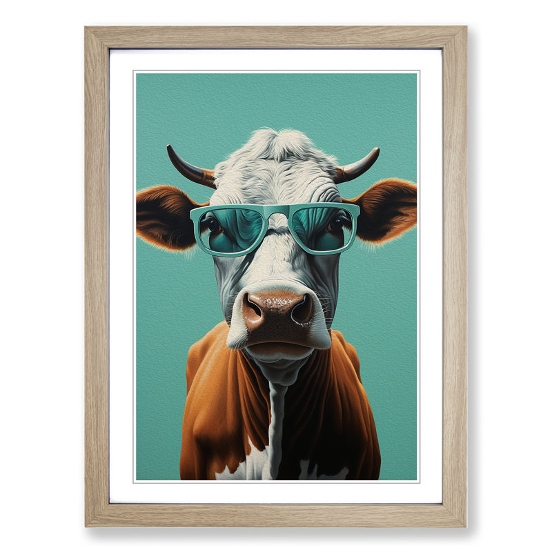 Cow with Glasses Painting - Framed Print, Oak, 34cm H x 25cm W x 2cm D