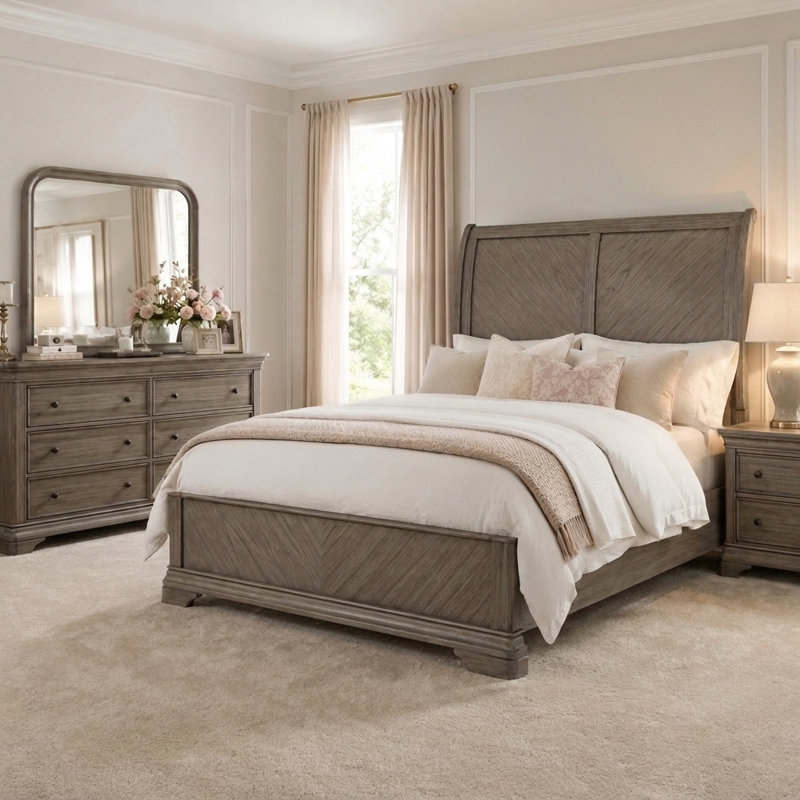 Aspen Solid Wood Platform Bed with Tall Headboard, Gray Wood (Queen)