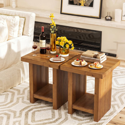 Table de bout carrée en bois massif, table d'appoint rustique à 2 niveaux avec rangement ouvert, table de chevet pour petits espaces, salon, chambre à coucher, brun naturel, 2 pièces