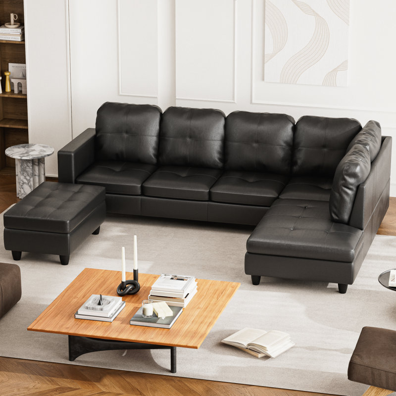 Ensemble de canapé moderne en forme de L, ensemble de canapé en similicuir 3 pièces avec coussins et repose-pieds de rangement, ensemble de canapé avec cadre en bois massif, méridienne droite, canapé de salon facile à assembler pour appartement, ma