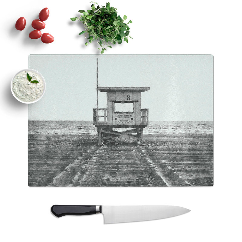 Tempered Glass Lifeguard Station upon the Beach Chopping Board, 20 cm x 28.5 cm