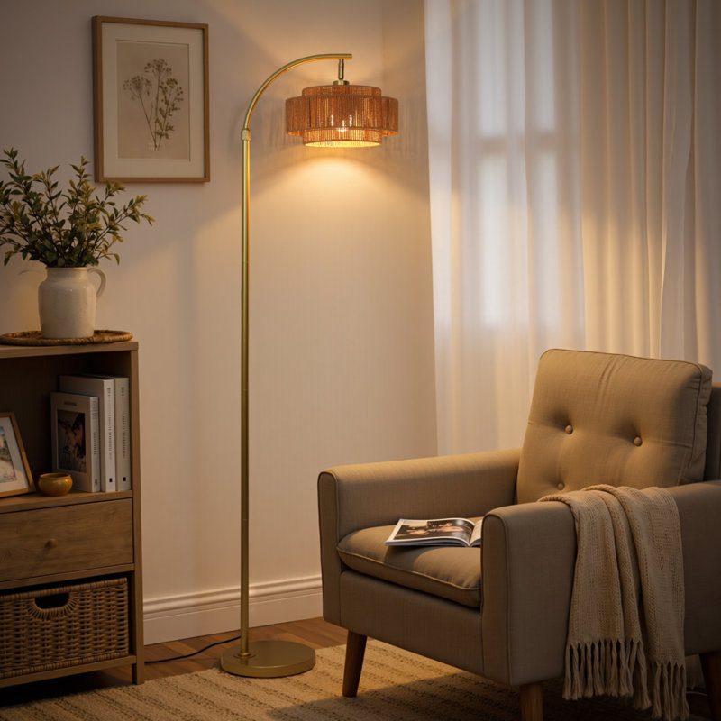 Lampe sur pied arquée 69,6 "en rotin avec lumière DEL et télécommande, Gold
