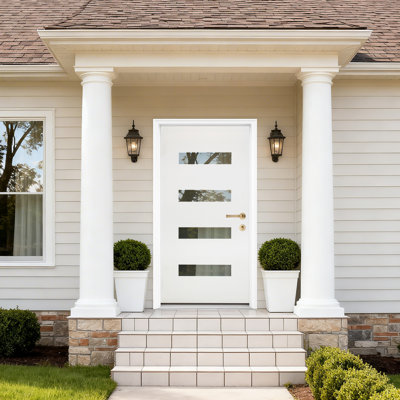 Porte d'entrée modulaire blanche en fibre de verre 36 po x 80 po avec cadre en vinyle flambant neuf, convenant aux portes avant de style moderne, charnière à gauche, ouverture vers l'intérieur