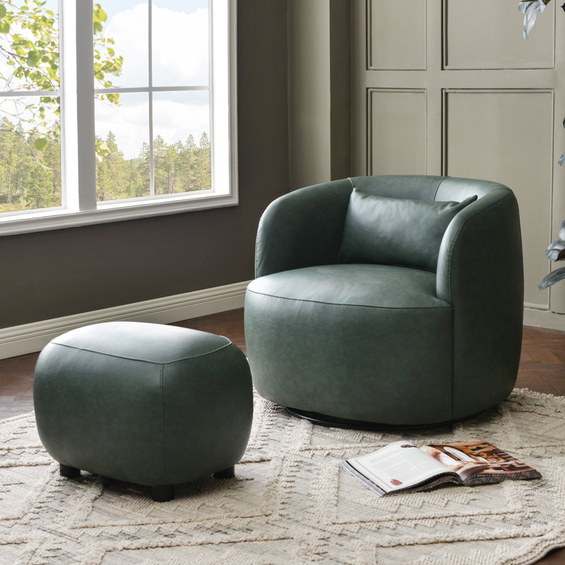 Faux Leather Upholstered Swivel Armchair With Ottoman, Green