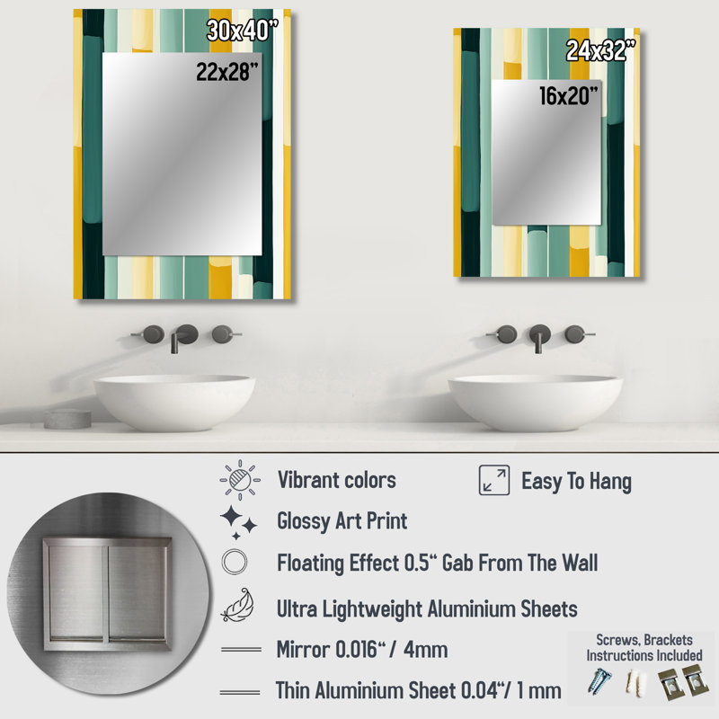 Alpes Jungle Green And Yellow Striped Pattern - striped  Large Mirror, Modern Unique Wall Mirror Decor, Printed Metal Art
