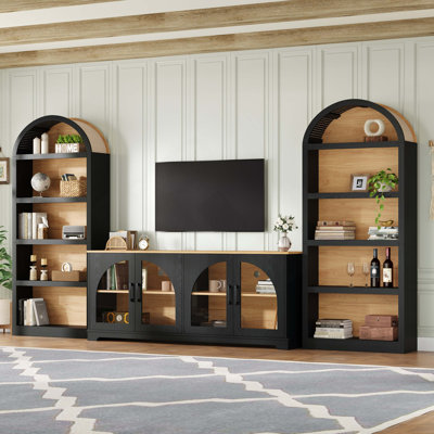 Ensemble de meuble télé 3 pièces avec bibliothèque pour téléviseur de 70 po ou moins, centre de divertissement bicolore en grain de bois avec design arqué, buffet de ferme avec portes en verre trempé pour le salon