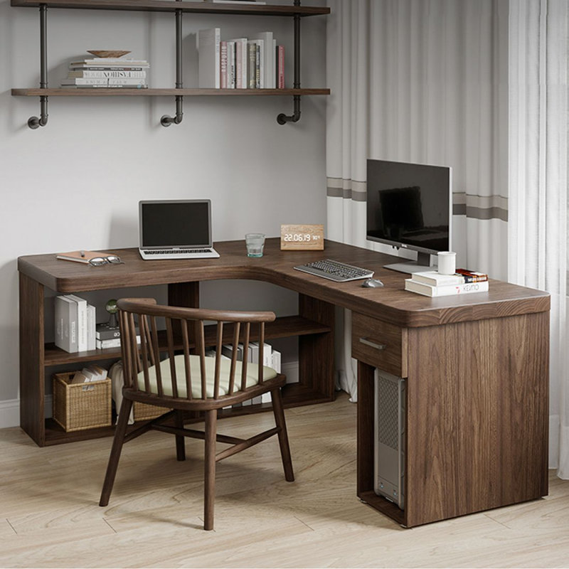 Nut-brown L-Shaped Solid Wood Executive Desk with drawers desk, 29.53" H x 62.99" W x 47.24" D, Left Hand Return