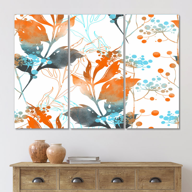 Boho orange et feuilles bleues - reproduction d'art sur toile traditionnelle, H 28 po x l 36 po x P 1 po