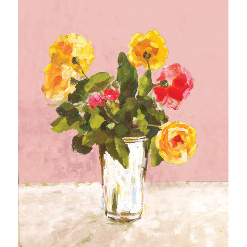 Yellow Bouquet on Pink - Painting Print, 30cm H x 20cm W, Black Floater Framed