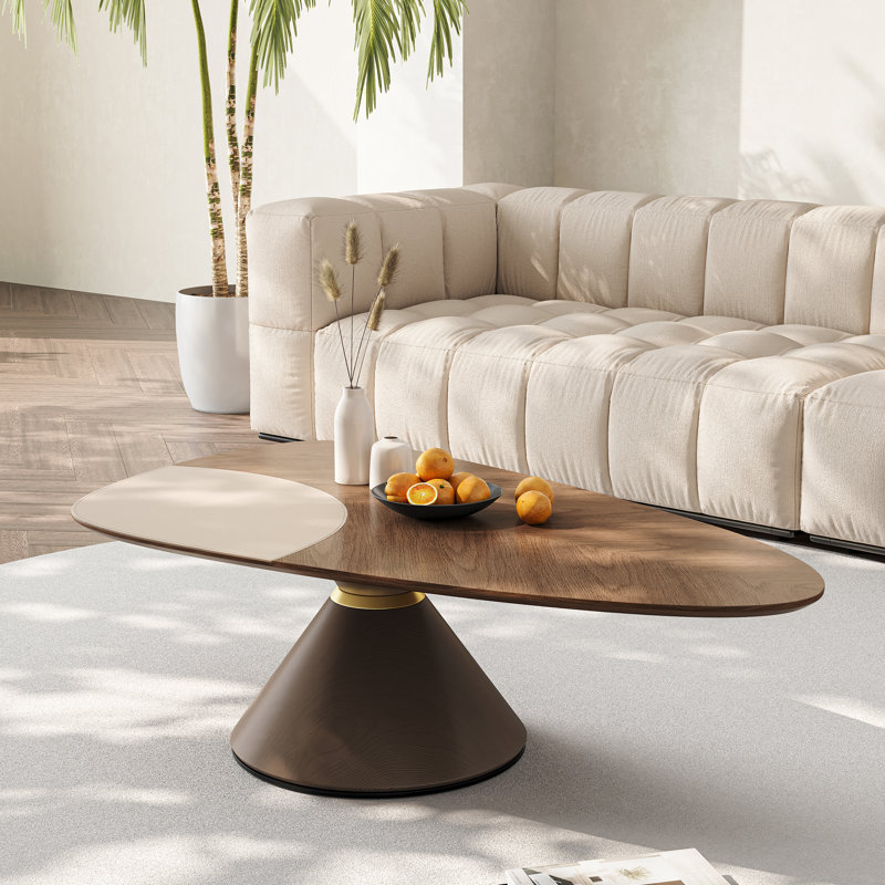 47.26'' Wood & Saddle Leather Coffee Table, Large Central Table with Carbon Steel Base