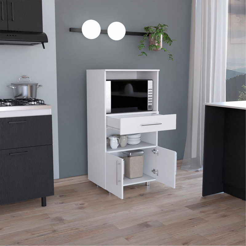 Kitchen Pantry H 48 ", deux tablettes de rangement ouvertes, une pour micro-ondes, deux portes, quatre pieds