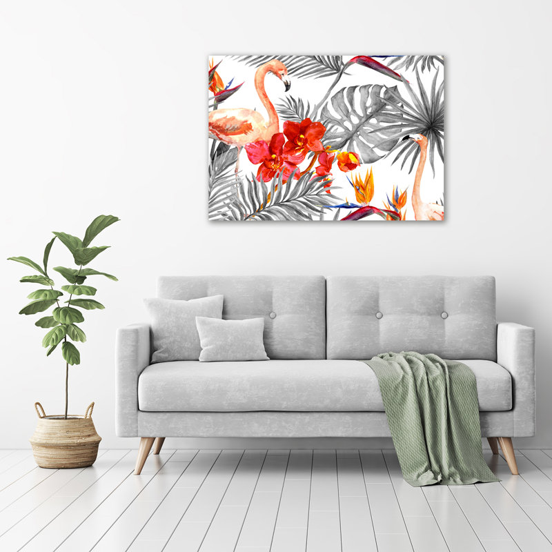 Flamingos And Flowers - No Frame Print on Glass