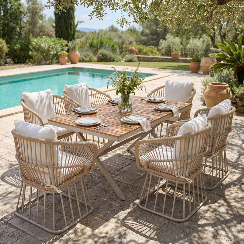 7‑Piece Outdoor Patio Dining Set, Rectangular Teak Finish Wooden Table with 6 Wicker Chairs & Beige Cushions, Sturdy Beige Steel Frame, Weather‑Resistant Furniture for Backyard, Deck, Garden