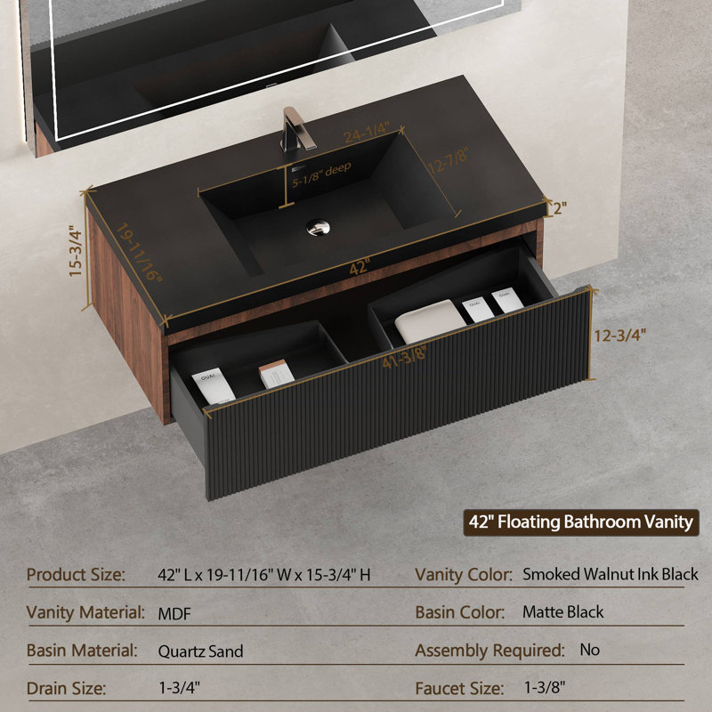 Meuble-lavabo mural avec lavabo à surface solide, Noyer, 42", Noir