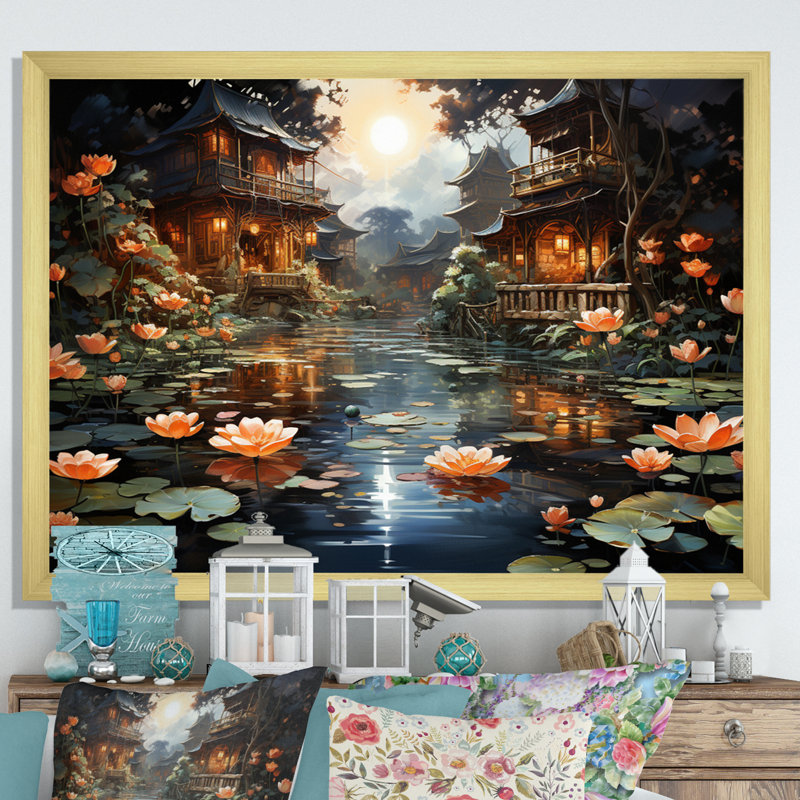 «Mariannah China Art Lotus Lantern II», reproduction, H 30 po x l 40 po x P 1,5 po, Cadre doré à une seule photo
