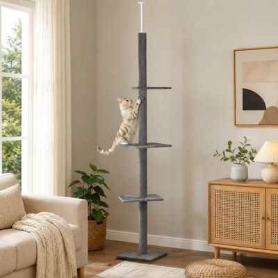 Grey Floor to Ceiling Cat Tree with Tension Rod Soft Flannel Platforms and Four Jump Platforms Multi Level Indoor Cat Activity Center Easy to Install