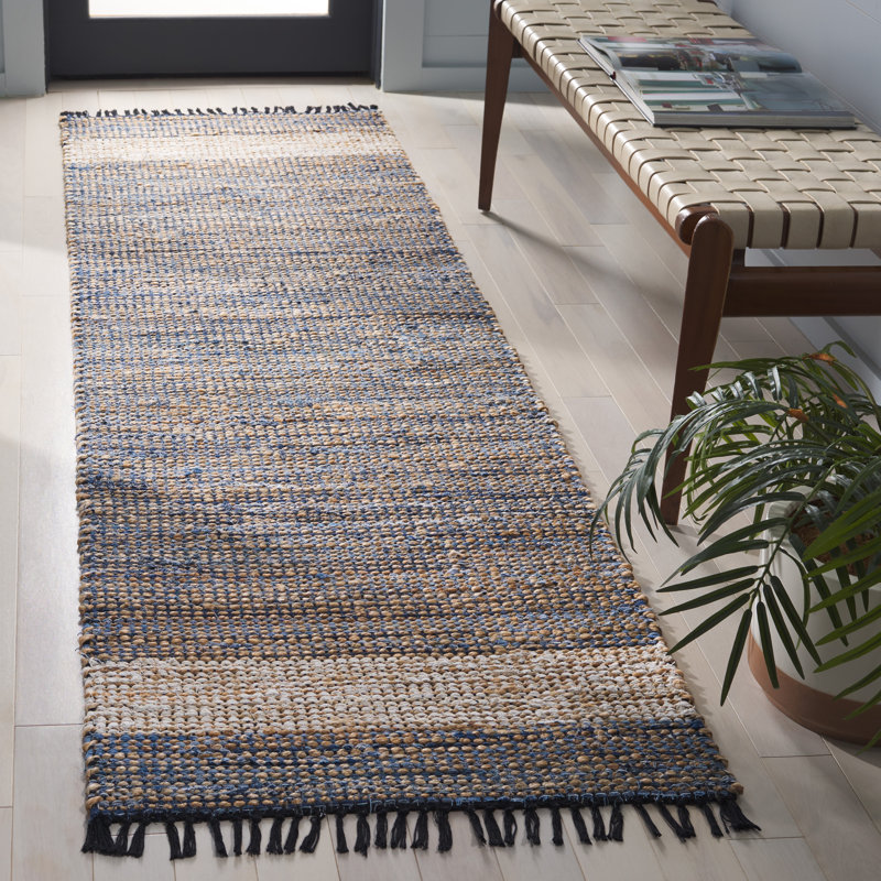 Tapis bleu clair en denim / jute / coton tissé à la main Cape Cod 153, Tapis de couloir 2 pi 3 po x 8 pi