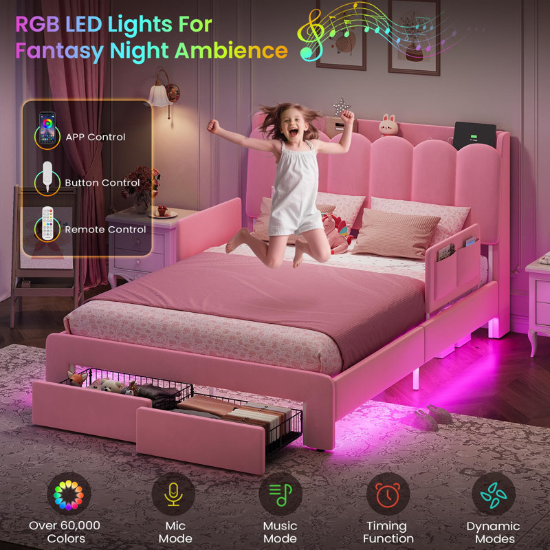 Full-Size Upholstered Led Princess Bed Frame With Storage Drawers, Hidden Storage, Safety Rails, Charging Station, Heavy-Duty Metal Stand, Pink