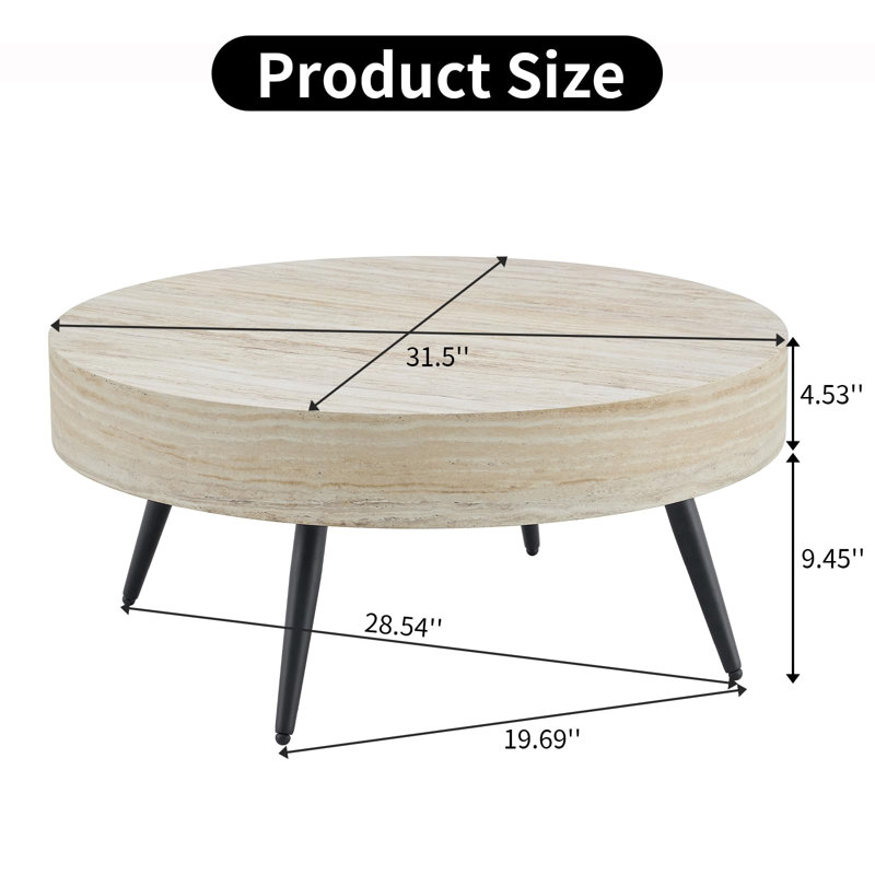 31.5" Round Coffee Table with Storage, Travertine-Patterned Top and Metal Legs, Modern Center Table for Living Room or Apartment
