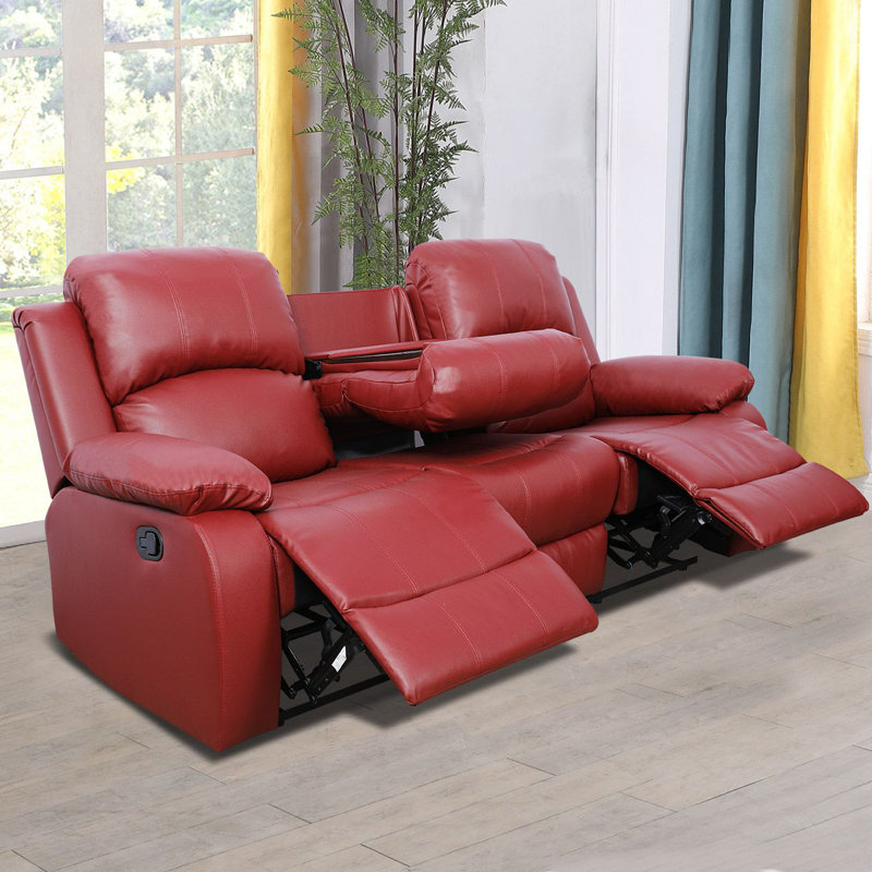 79" Premium Vegan Leather Reclining Living Room Sofa With Drop Down Table And Cup Holders, Red