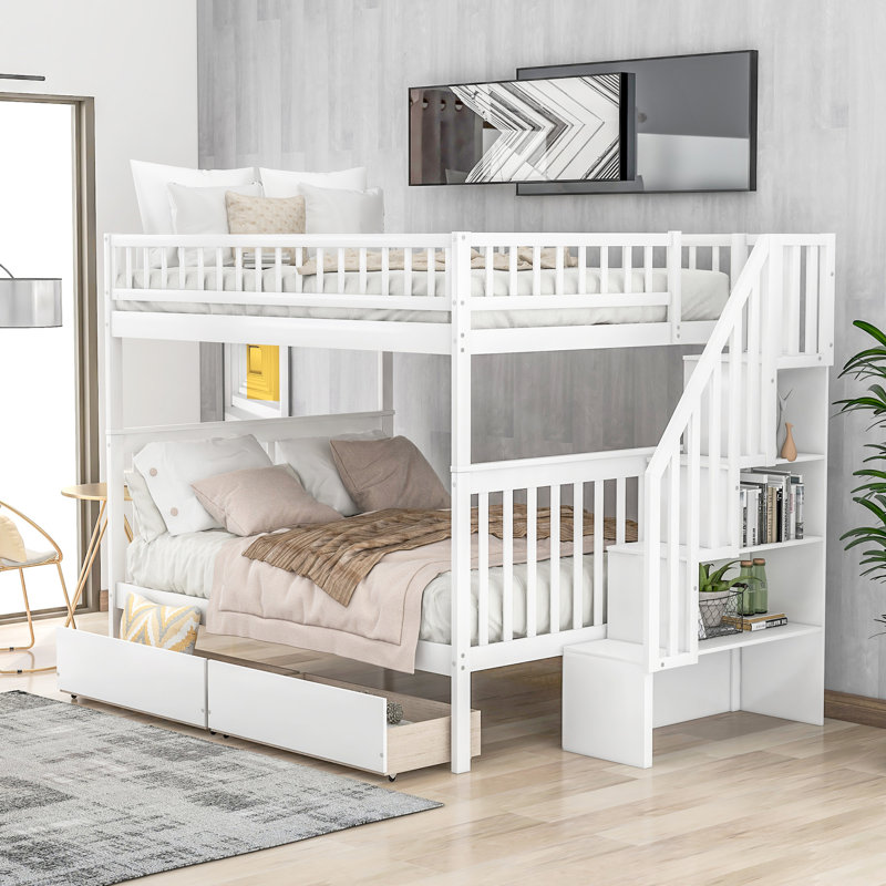 Lit double superposé blanc avec rangement pour tiroir - Convient à 4 personnes, garde-corps robustes et durables, facilite la mobilité, lit à deux places et assure une solution de repos sécuritaire et pratique