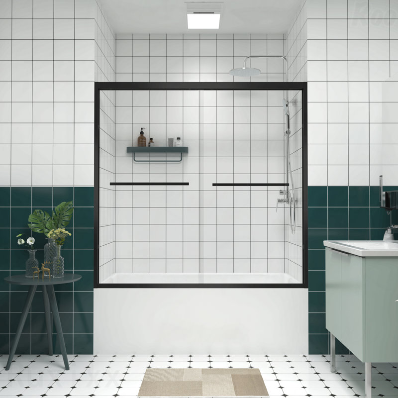 56-60"W X 58"H Aluminum Frame Material Double Sliding Opening Bathtub Shower Screen,Bypass Sliding Opening Bathroom Sliding Opening Door With Premium 1/4" (6Mm) Clear Tempered Glass, With Black Hardware Sliding Opening Glass Shower Enclosure Door