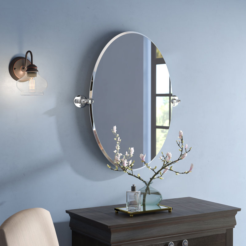 Café Modern Oval Bathroom Frameless Vanity Mirror | Pivoting (Tilts) and Beveled Edge Wall Mirror, 26.5" H x 24" W, Chrome