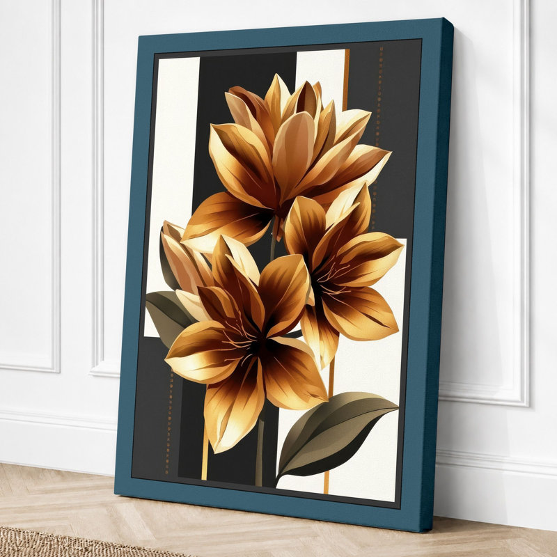 Golden Lotus Blooms Botanical - Wrapped Canvas, 30x20 - 76.2 x 50.8 cm, Teal Border