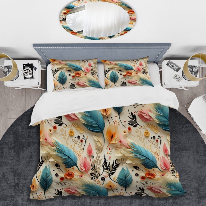 Ensemble de housse de couette floral bleu et beige à plumes Harmony Blooms, Housse de couette pour très grand lit et 2 très
