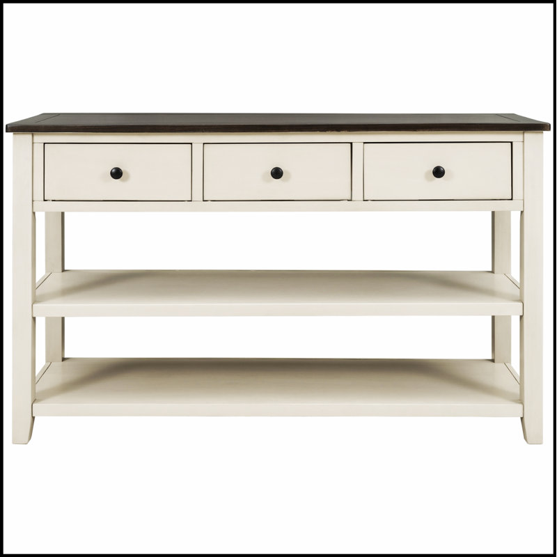 Console rétro avec deux tablettes ouvertes et tiroirs, structure en bois de pin massif pour la vie moderne (espresso et beige)
