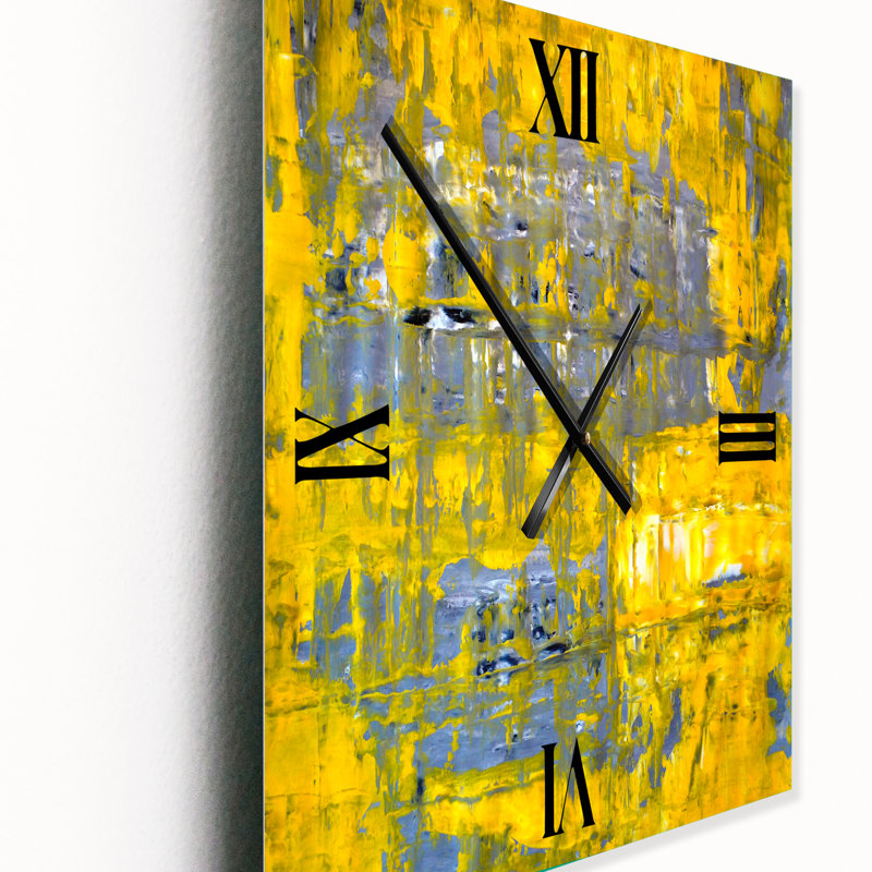 Jaune rencontre l'art abstrait gris I - Horloge murale abstraite en métal, Petit