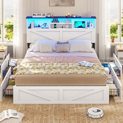 Farmhouse Bed Frame with Bookcase Headboard & 4 Storage Drawers - Rustic Wooden Platform Bed with LED Lights , No Box Spring Needed