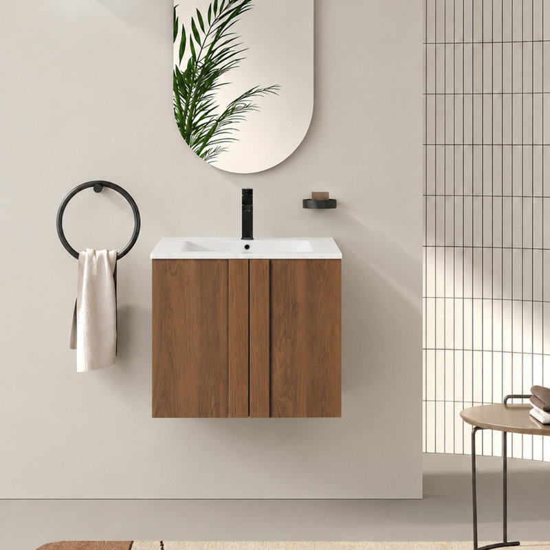 Meuble-lavabo mural avec lavabo en céramique et portes à fermeture en douceur, 24