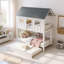 Lit simple superposé simple avec lit gigogne, toit et fenêtre, structure en bois massif avec garde-corps, style maisonnette pour enfants, finition blanche et grise