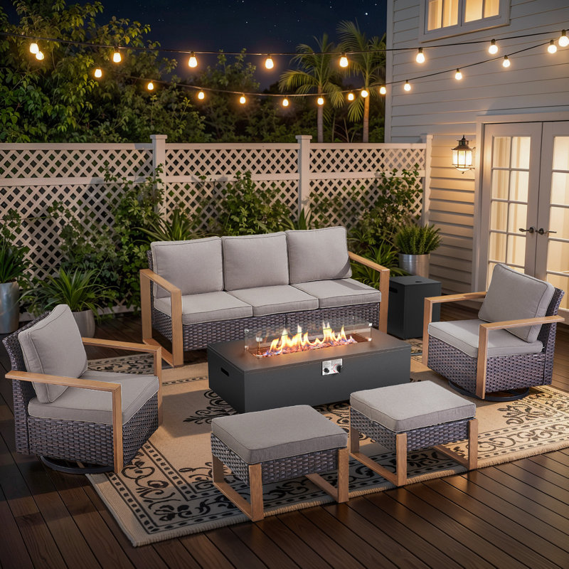 Bruner 6-Piece All Weather Wicker Patio Fire Pit Table Conversation Set With Hidden Tank Holder, Swivel Gliders And Ottomans