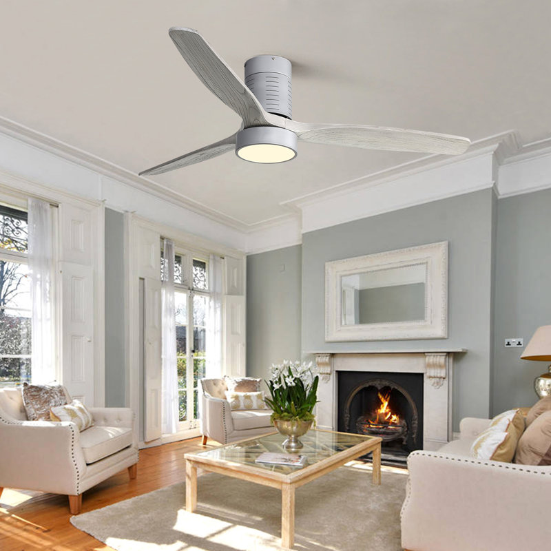 52 Inch Indoor Flush Mount Ceiling Fan With 3 Solid Wood Blades Remote Control Reversible DC Motor With Led Light